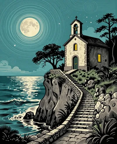 Seaside Chapel with Bell Tower at Night - Architecture - AI generated image