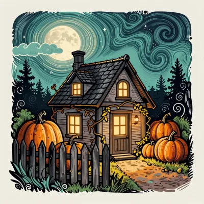 Pumpkin-Patch Cottage Glowing at Night - Architecture - AI generated image