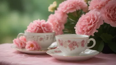 Porcelain Tea Set with Pink Carnations - Still Life - AI generated image