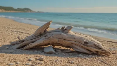 Driftwood and Pebbles on Golden Beach - Beach - AI generated image