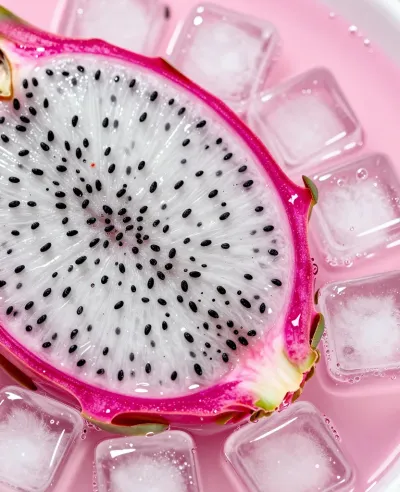 Dragonfruit Slice with Ice Cubes on Pink Background - Food - AI generated image