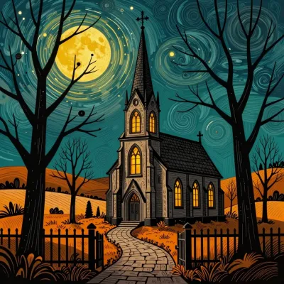Moonlit Gothic Chapel with Arched Windows - Architecture - AI generated image
