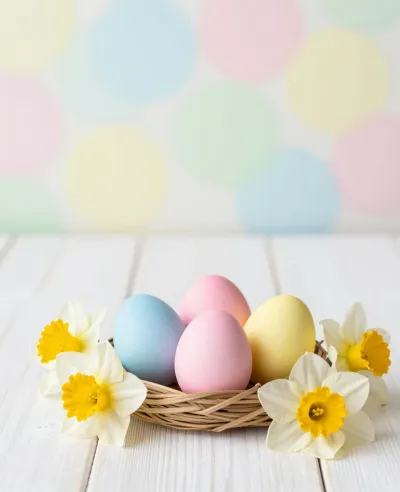 Pastel Eggs in Woven Basket with Daffodils - Easter - AI generated image