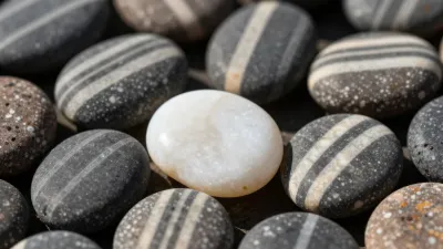 White Pebble Amid Striped Rocks - Nature - AI generated image