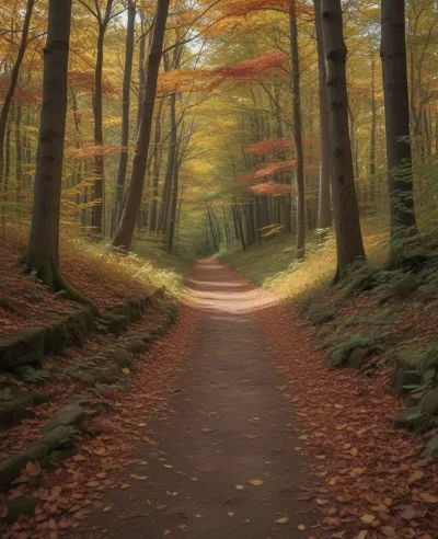 Winding Forest Path in Soft Sunlight - Nature - AI generated image
