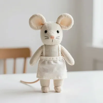 Plush Mouse Doll with Apron in Soft Light - Plush Toys - AI generated image