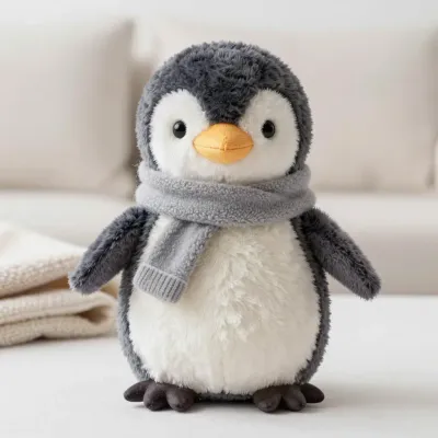 Plush Penguin with Gray Scarf on Blanket - Plush - AI generated image