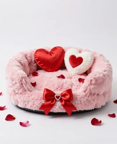 Pink Pet Bed with Heart Pillows and Red Bow - Pet - AI generated image