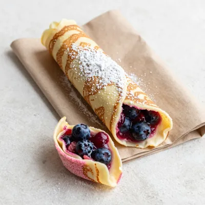 Blueberry-Filled Crepe Rolls with Sugar Dusting - Food - AI generated image