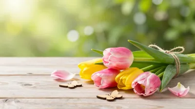 Tulip Bouquet with Scattered Petals and Wooden Butterfly Decorations - Flowers - AI generated image