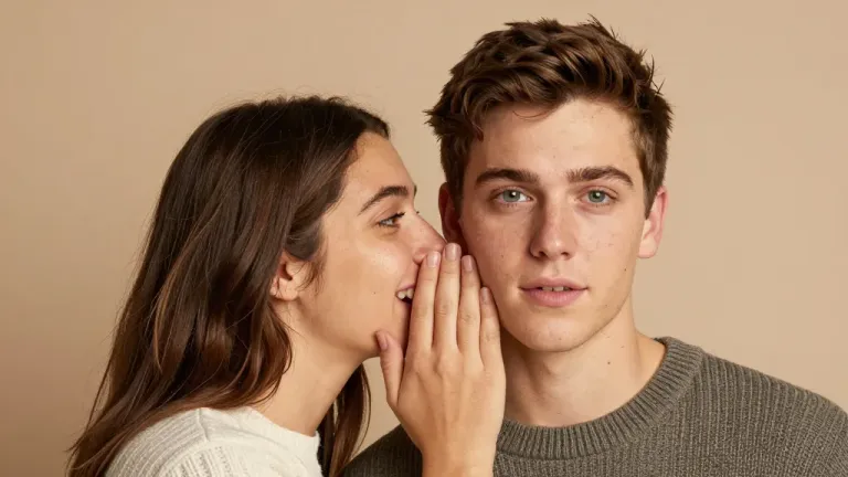 Young Woman Whispering into Young Man's Ear - People - AI generated image