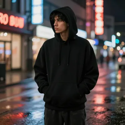 Young Man in Black Hoodie on Neon Street - People - AI generated image
