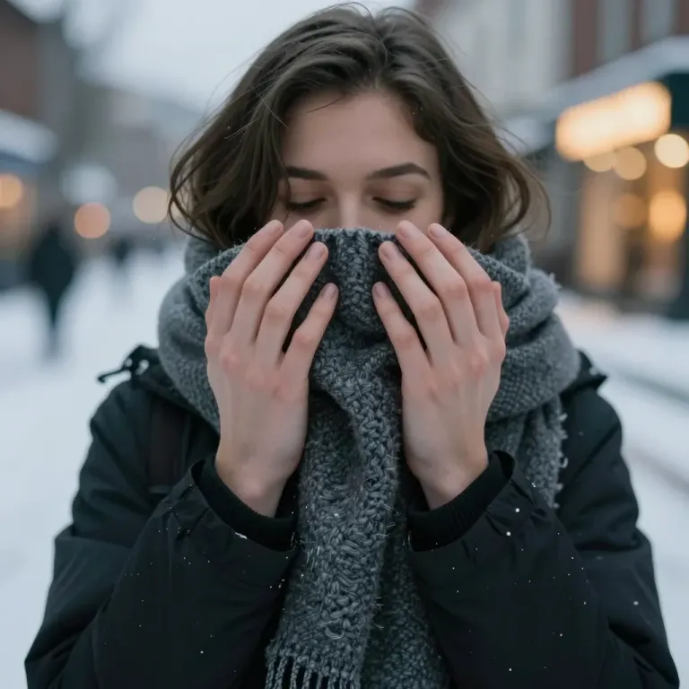 Person with Hands Around Scarf in Snowy Setting - People - AI generated image