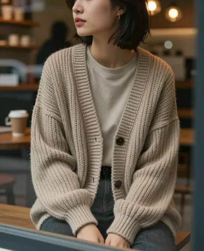 Woman in Beige Knit Cardigan at Café - Fashion - AI generated image