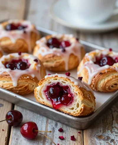 Cherry Danish Pastries Glazed with Warm Light - Bakery - AI generated image