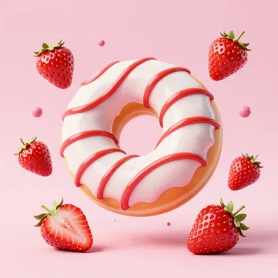Glazed Donut with Red Stripes and Strawberries - Food - AI generated image