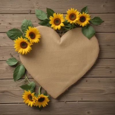 Heart Pillow with Sunflowers on Rustic Wood - Furniture - AI generated image