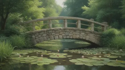 Stone Bridge Over Pond with Lilies - Architecture - AI generated image