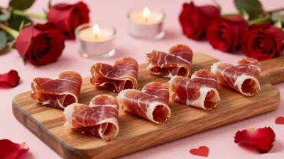 Prosciutto Heart Wraps on Pink Background - Food - AI generated image