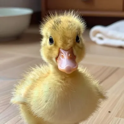 Yellow Duckling Booping Beak on Wooden Floor - Animal - AI generated image