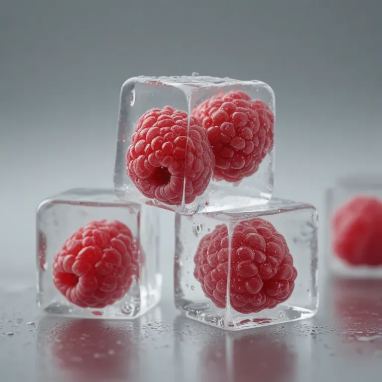 Frozen Raspberries in Ice Cubes Macro - Food - AI generated image