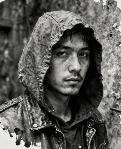 Hooded Figure Glaring in Leather Jacket - People - AI generated image