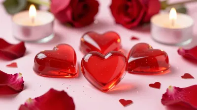 Jelly Heart Cubes with Red Rose Petals - Still Life - AI generated image