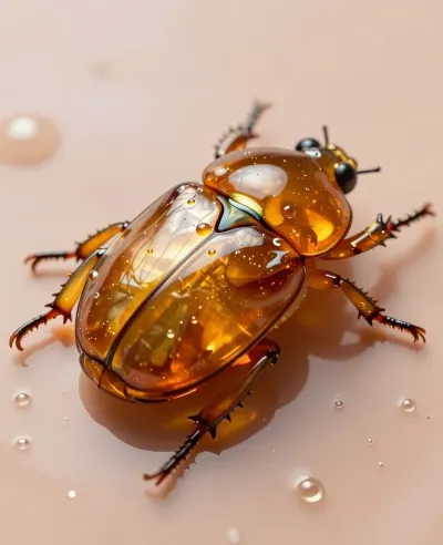 Amber Beetle Glistening on Pink Surface - Insects - AI generated image
