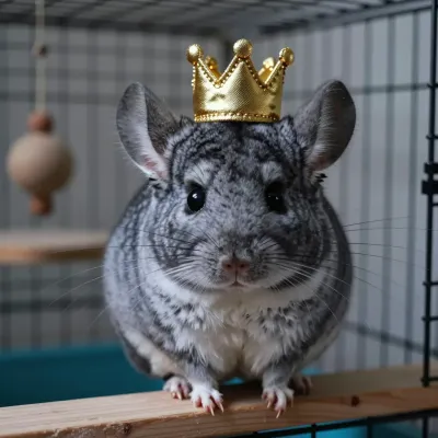 Golden Crowned Chinchilla Perched on Wooden Bar - Pet - AI generated image