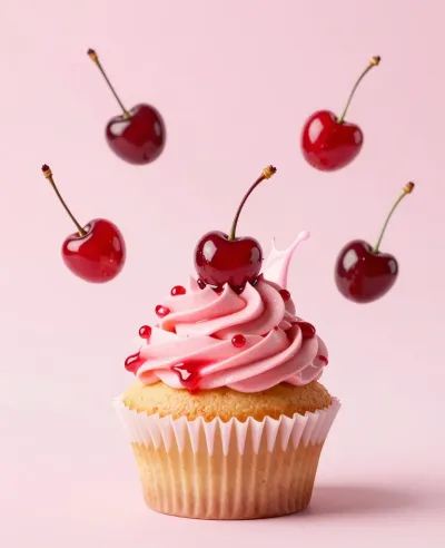 Cherry-Glazed Cupcake with Falling Cherries - Food - AI generated image