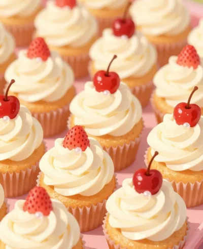 Creamy Cupcakes with Cherries and Dots - Food - AI generated image