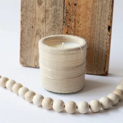 Linen-Wrapped Candle with Wooden Beads - Decor - AI generated image
