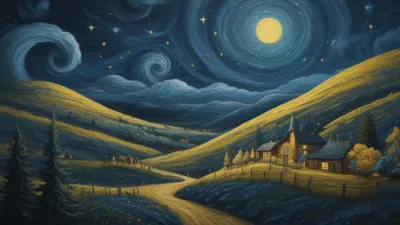 Starry Night Village Moonlit Landscape - Landscape - AI generated image