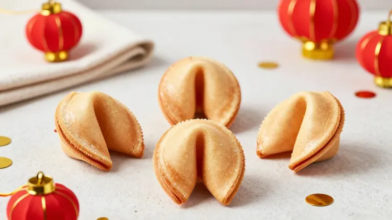 Fortune Cookies Arranged in Circle with Festive Accents - Food - AI generated image
