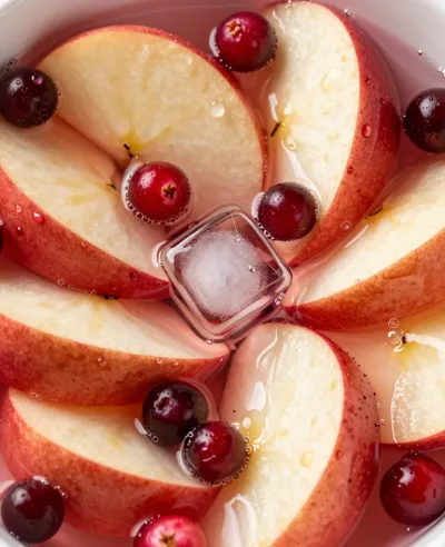 Sliced Apples and Cranberries in Liquid with Ice Cube - Food - AI generated image