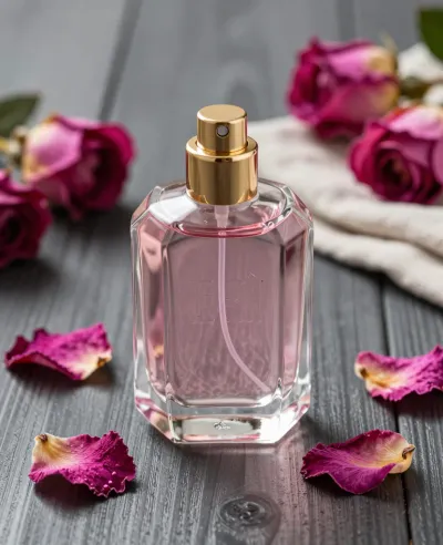 Pink Rose Quartz Perfume Bottle with Golden Spray - Beauty - AI generated image