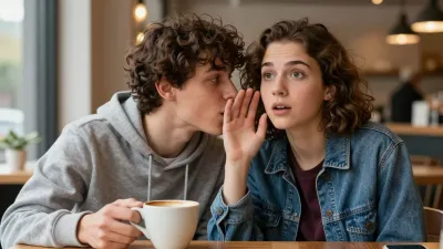 Young Man Whispering to Woman in Café - People - AI generated image