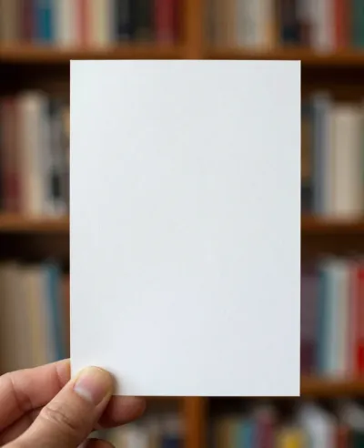 Hand Holding White Card in Front of Bookshelves - People - AI generated image