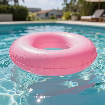 Pink Inflatable Ring Floating in Pool - Swimming - AI generated image