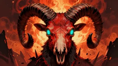 Demon Ram's Head with Glowing Eyes in Fiery Background - Fantasy - AI generated image