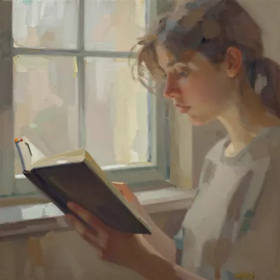 Young Woman Reading by Soft Window Light - Portrait - AI generated image