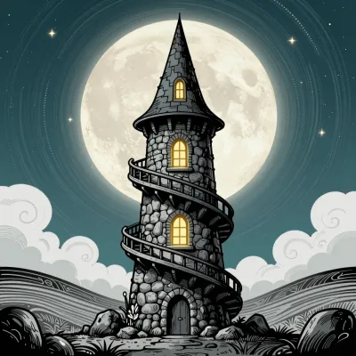 Spiral Stone Tower Illuminated by Moonlight - Architecture - AI generated image