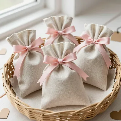 Linen Lavender Sachets with Pale Pink Ribbons - Decor - AI generated image