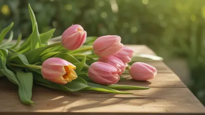 Pink Tulips Resting on Wooden Surface - Flowers - AI generated image