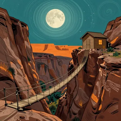 Rope Bridge Crossing Canyon at Night - Architecture - AI generated image