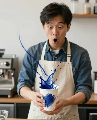 Barista Spilling Blue Liquid in Coffee Shop - Food & Drink - AI generated image