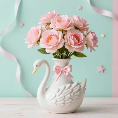 Porcelain Swan Vase with Pink Roses - Decor - AI generated image