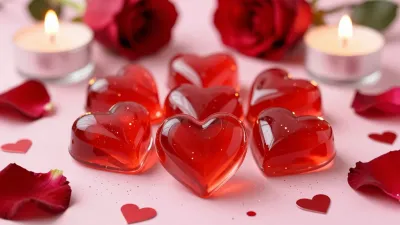 Jelly Heart Cubes with Rose Petals and Teal Candles - Valentine's Day - AI generated image