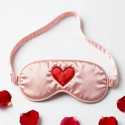 Pink Satin Sleep Mask with Red Heart - Fashion - AI generated image