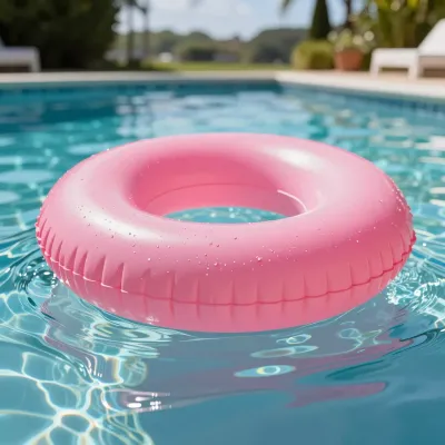 Pink Inflatable Ring Floating on Pool Water - Swimming - AI generated image